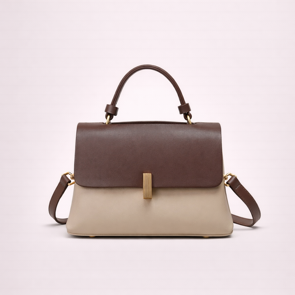 Structured Two-Tone Top-Handle Bag — First-Layer Cowhide Leather