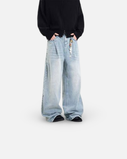 Retro Side Double Oblique Pleated Washed Blue Jeans For Men And Women