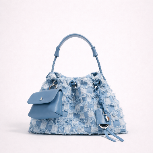 Denim & Cowhide Structured Drawstring Bag