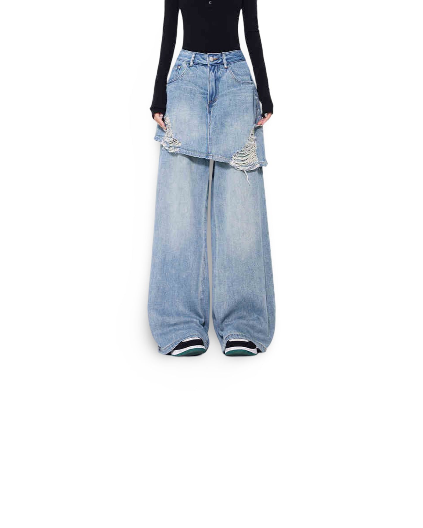 Vintage Blue Washed Fake Two-piece Jeans For Women Ripped Straight Pants