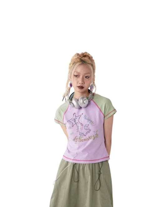 Contrast Printed Round Neck Short Sleeved T-shirt For Women