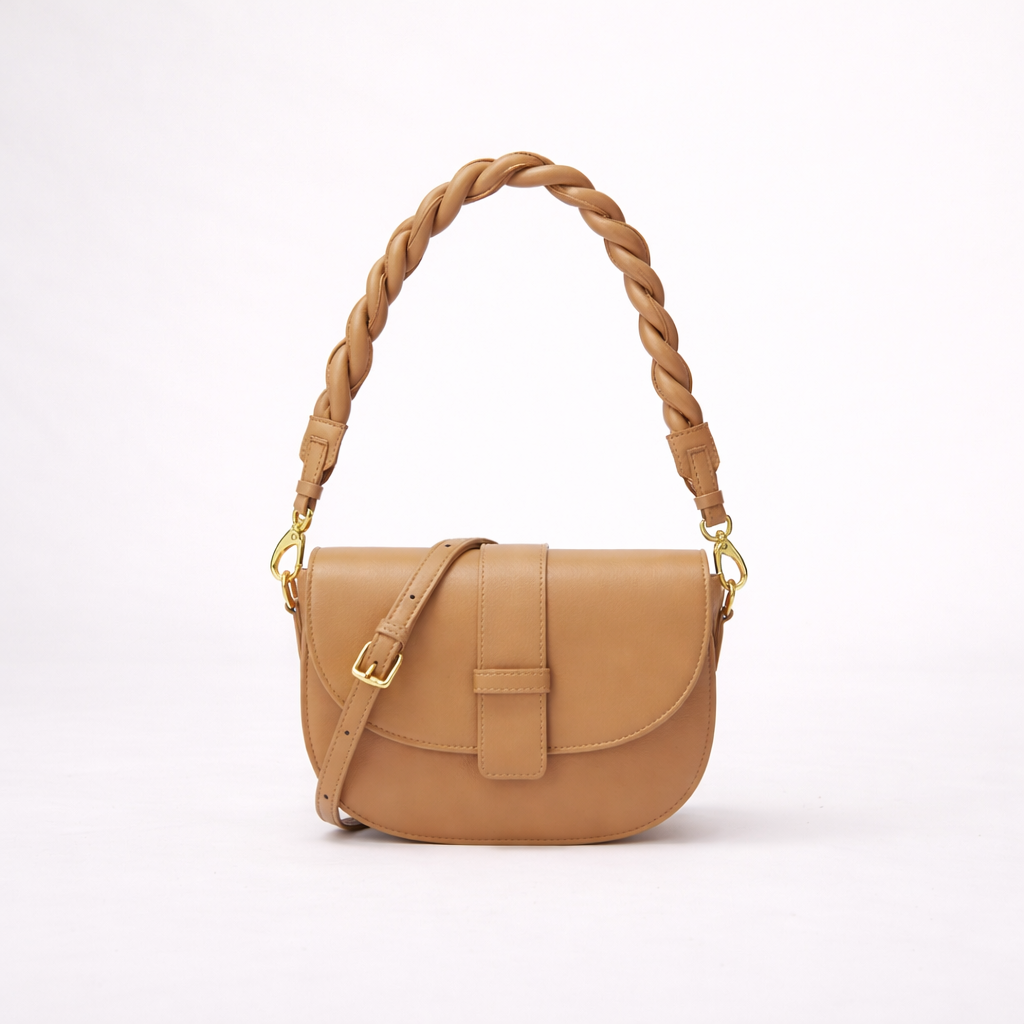 Structured Braided-Handle Flap Bag in Two-Layer Cowhide