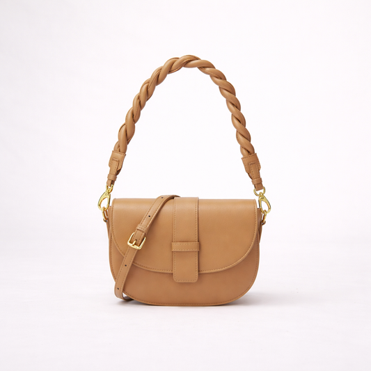 Structured Braided-Handle Flap Bag in Two-Layer Cowhide