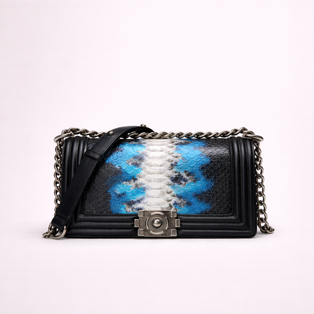 Structured Chain Shoulder Bag — First-Layer Cowhide with Embossed Panel