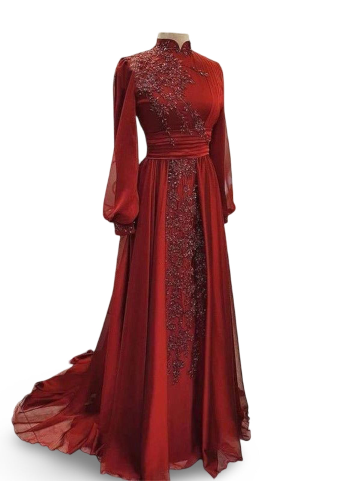 Stand Collar Luxury Long Sleeve Evening Dress