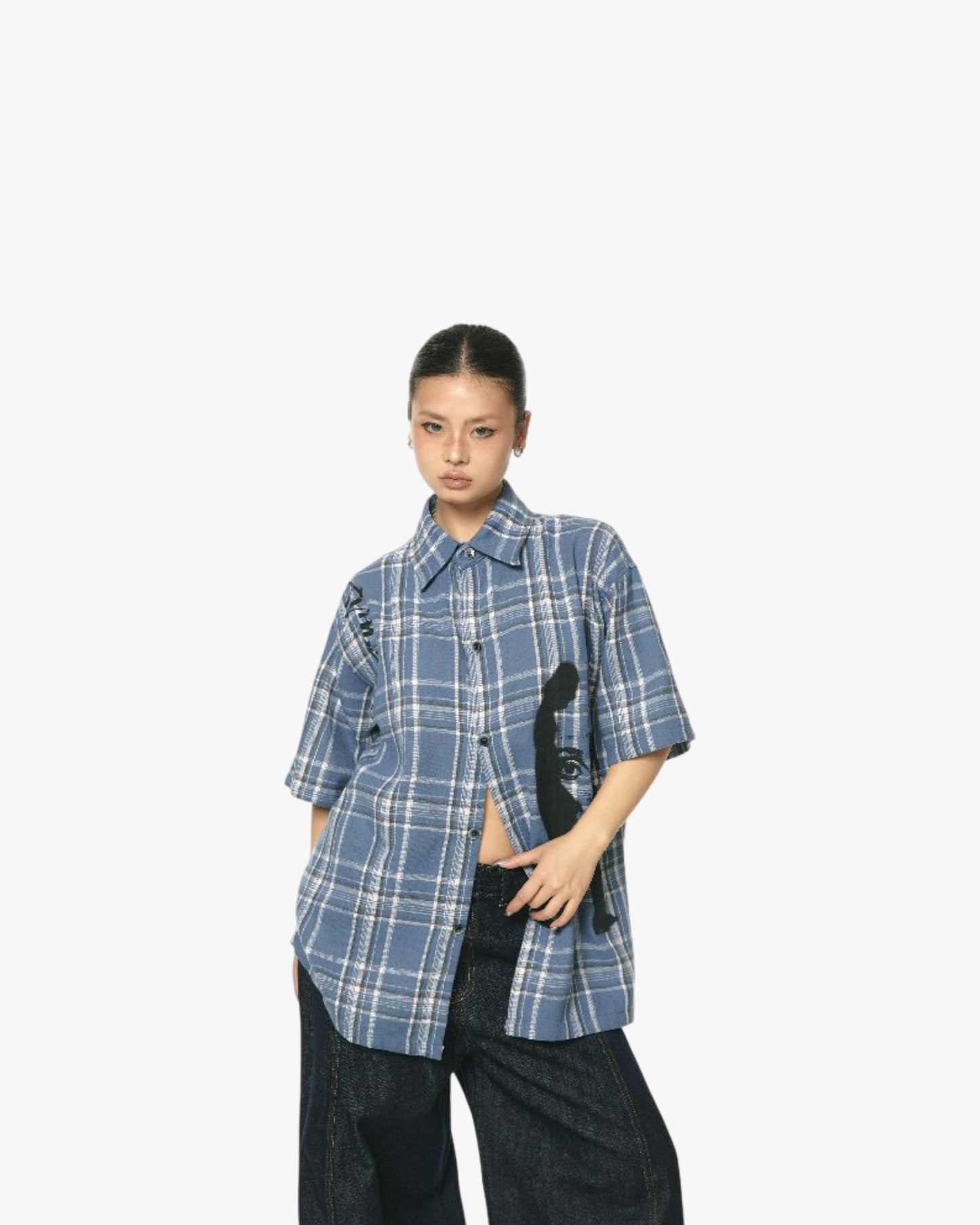 New Blue Color Plaid Loose Short Sleeve Shirt