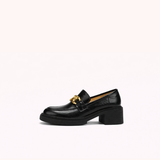 Black Leather Chain Loafer with Elevated Block Heel