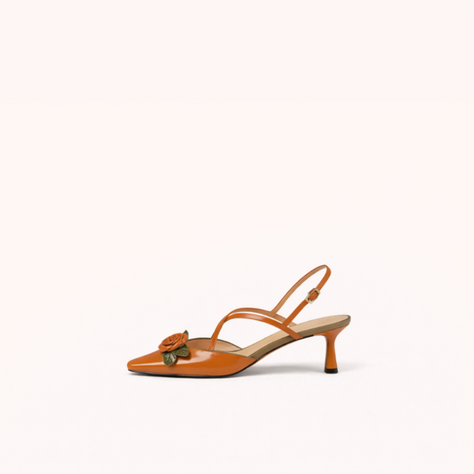 Pointed Slingback Heel with Leather Rose – First-Layer Cowhide