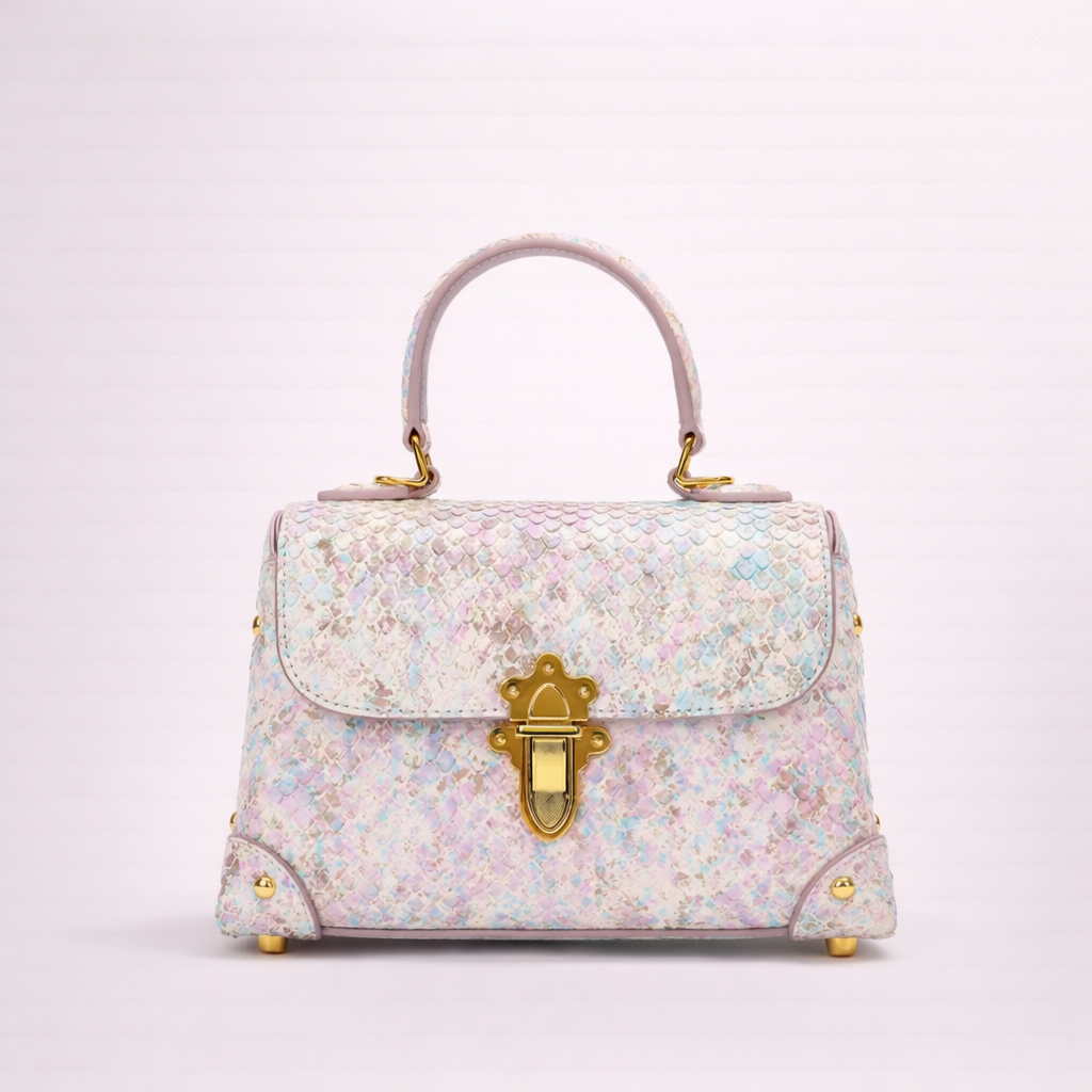 Iridescent Scale-Textured Top Handle Leather Bag