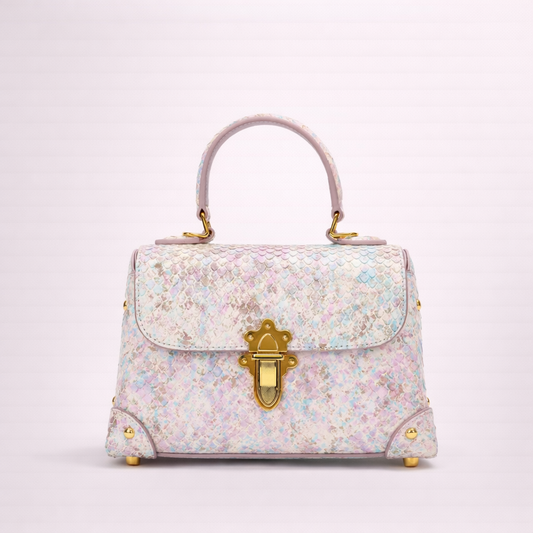 Iridescent Scale-Textured Top Handle Leather Bag