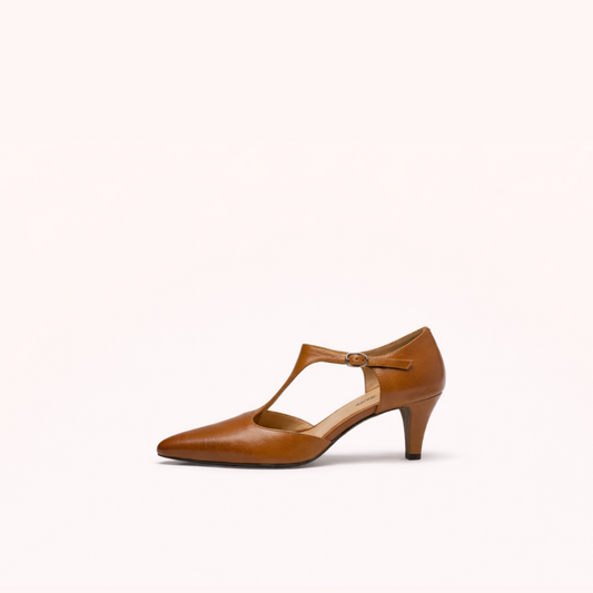 Pointed-Toe T-Strap Heel – First-Layer Cowhide with Pigskin Lining