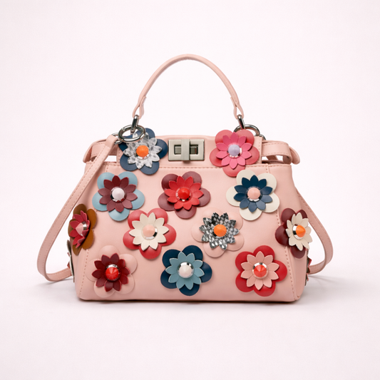 Floral-Appliqué Structured Top Handle Bag