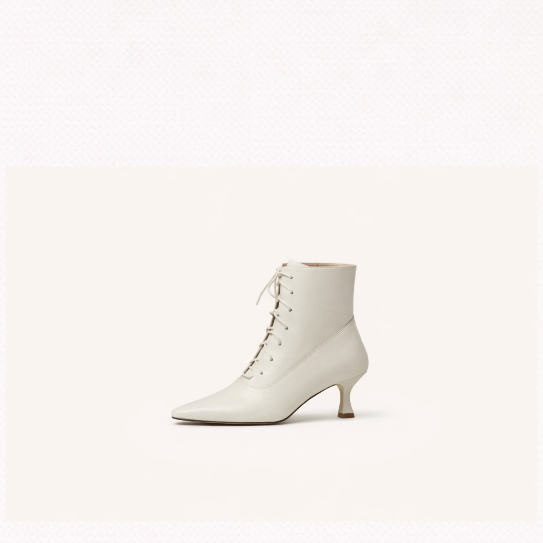 First-Layer Cowhide Lace-Up Kitten Heel Ankle Boots