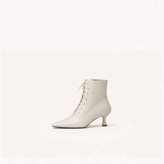 First-Layer Cowhide Lace-Up Kitten Heel Ankle Boots