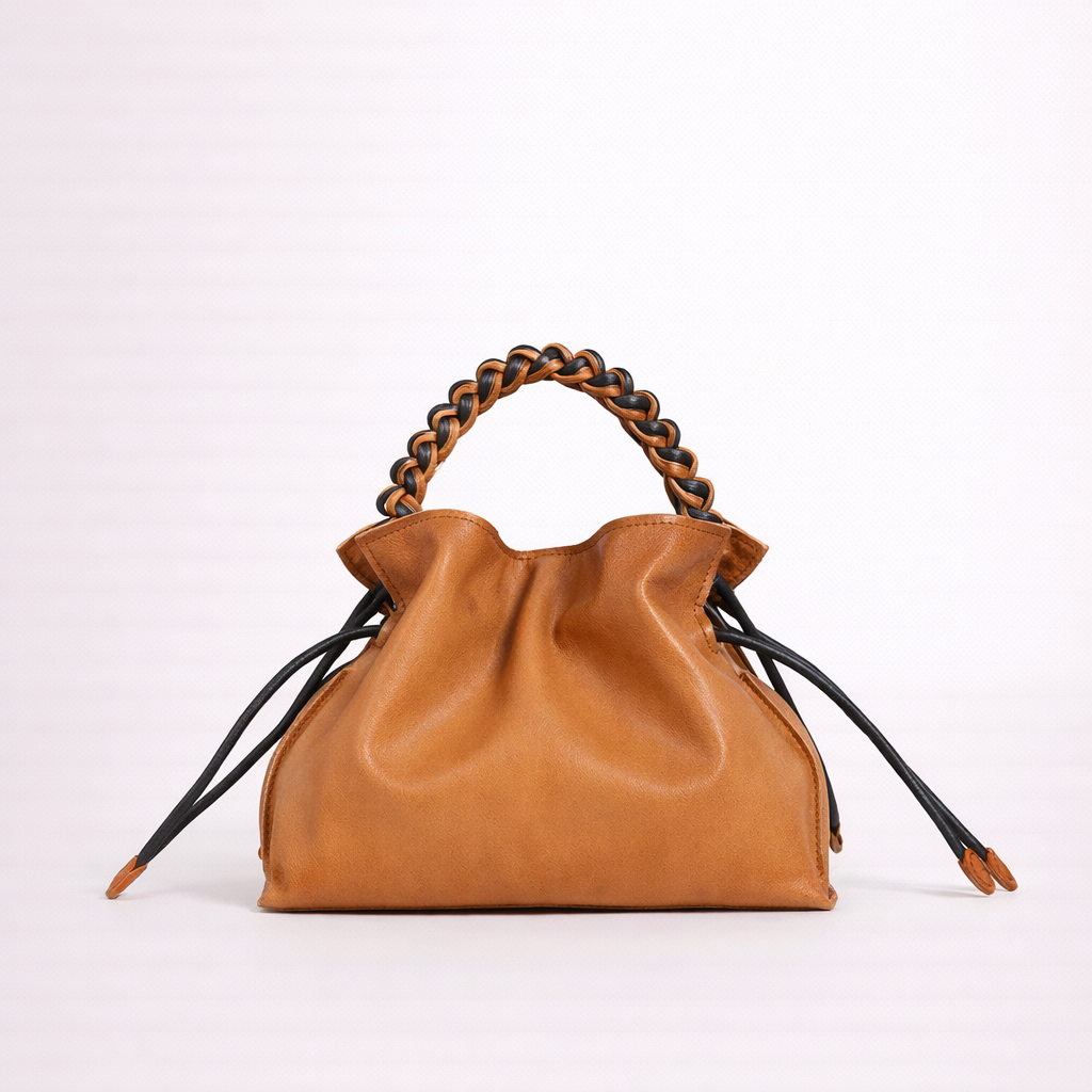 Braided-Handle Drawstring Bag in First-Layer Cowhide Leather