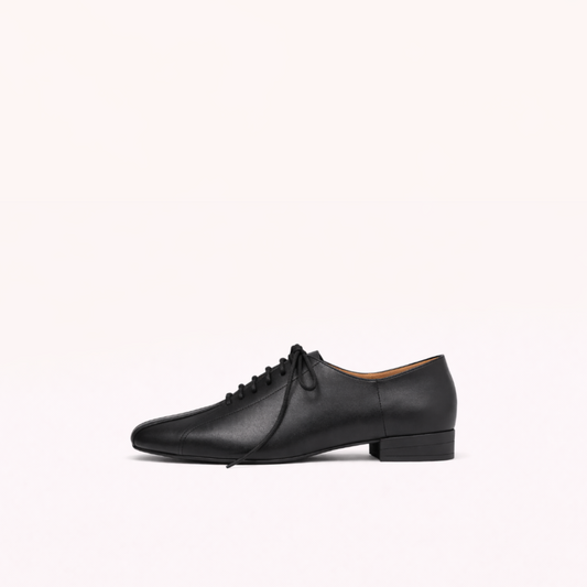 Black Leather Lace-Up Shoe with Low Structured Heel