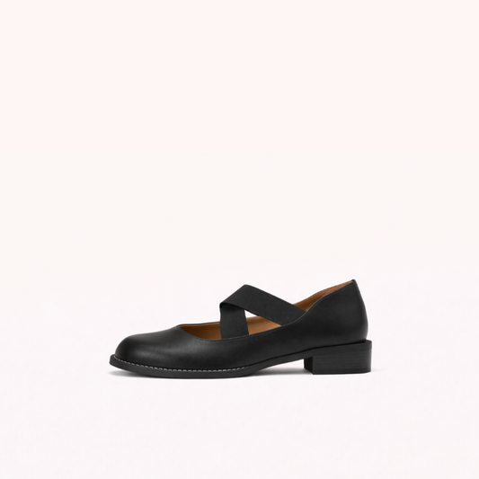 Black Leather Mary Jane with Stable Low Heel