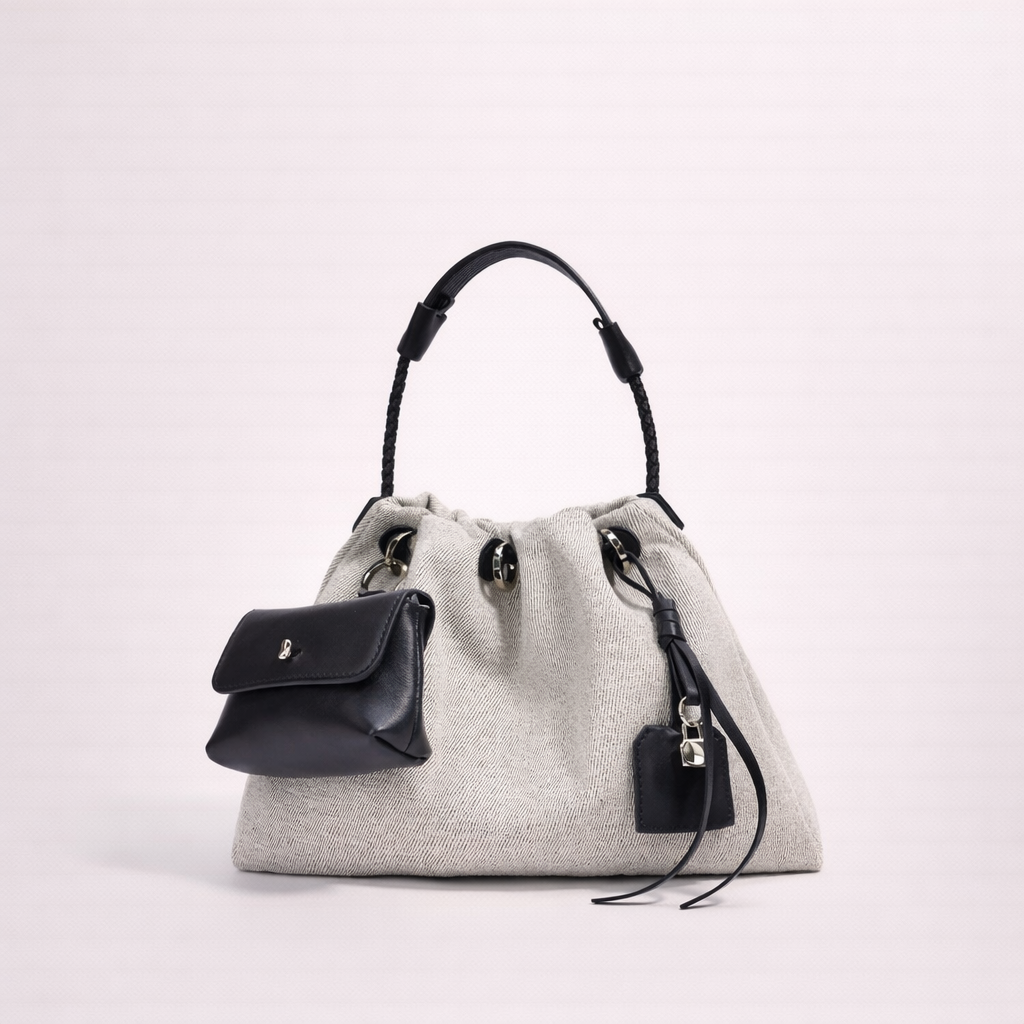 Canvas Drawstring Bucket Bag with First-Layer Cowhide Trim —