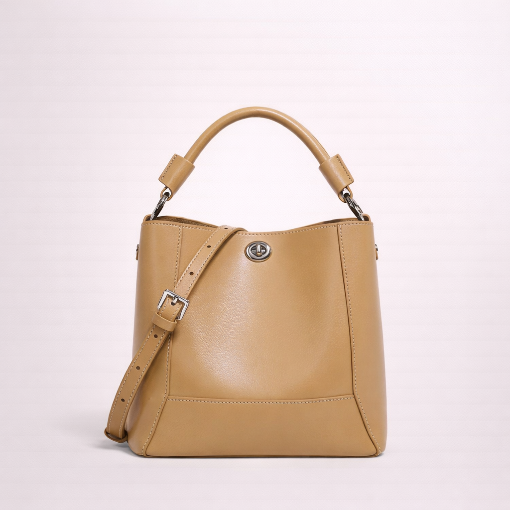 Structured Cowhide Bucket Bag with Turn-Lock Closure