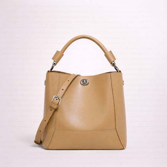 Structured Cowhide Bucket Bag with Turn-Lock Closure