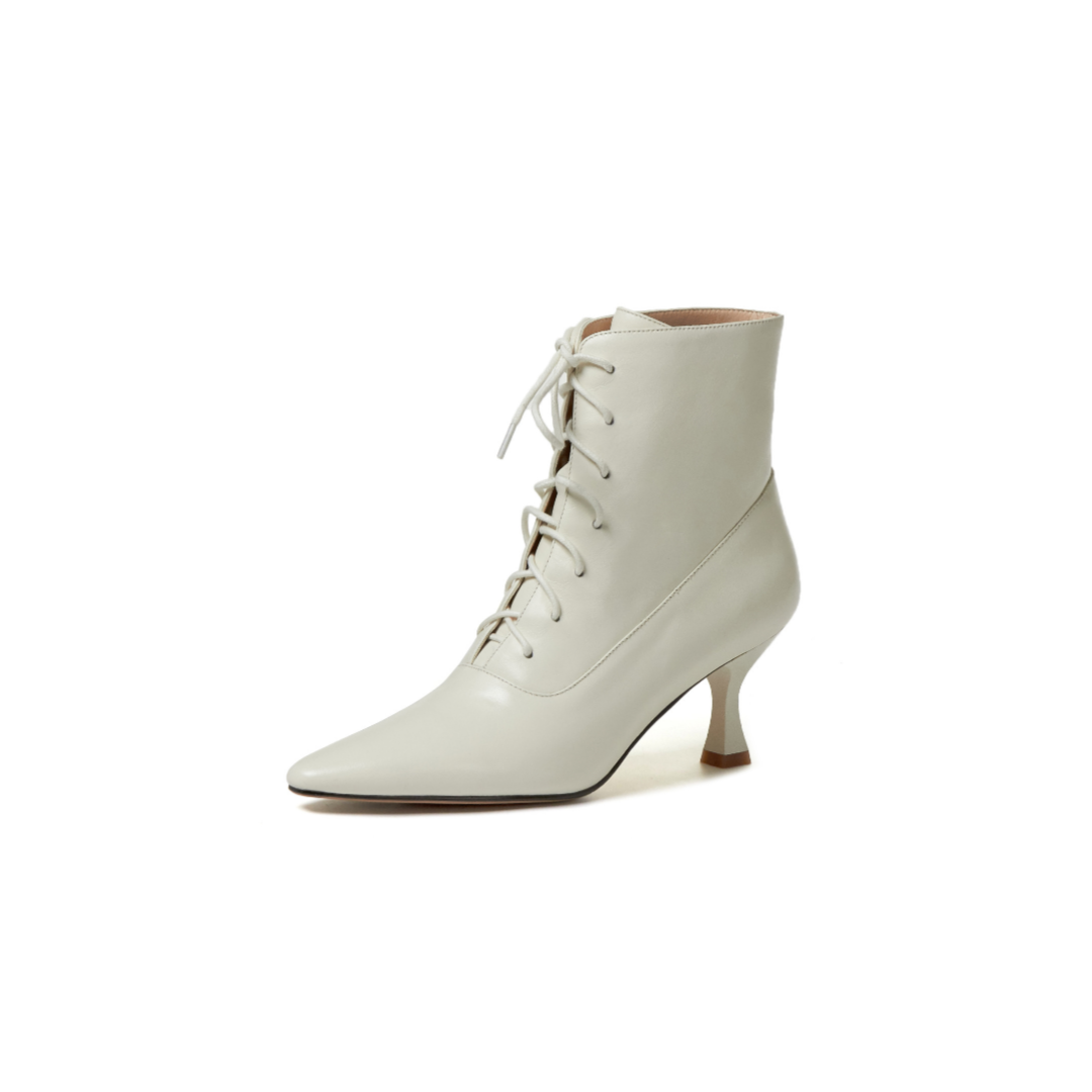 First-Layer Cowhide Lace-Up Kitten Heel Ankle Boots