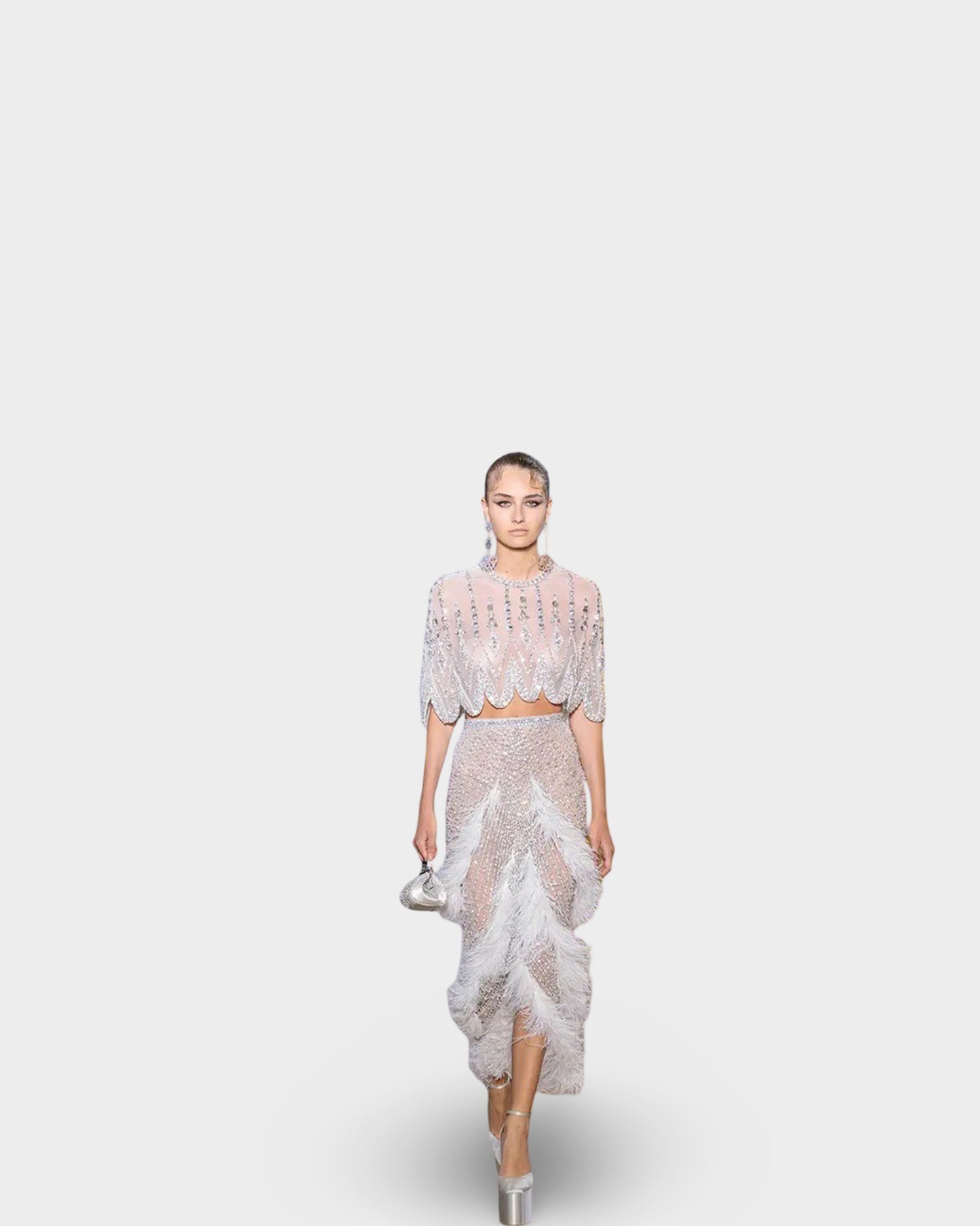 European And American Silver Nude Slim-fit Feather Shawl Host Performance Ladies' Evening Dress