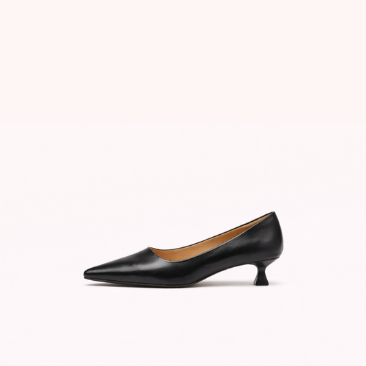 Black Pointed Leather Pump with Sculpted Low Heel