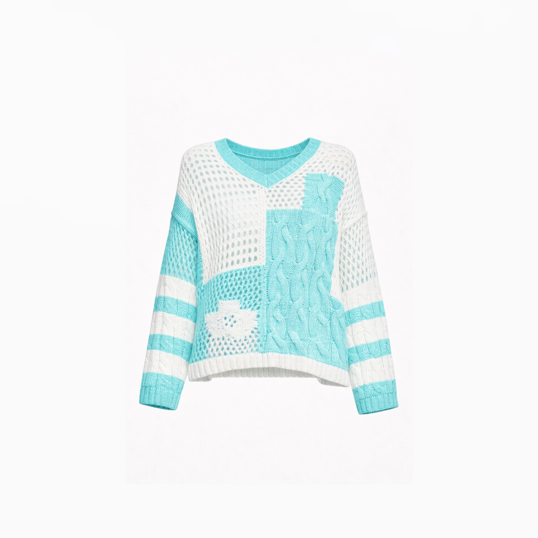 Color-Blocked Open-Weave Knit Pullover