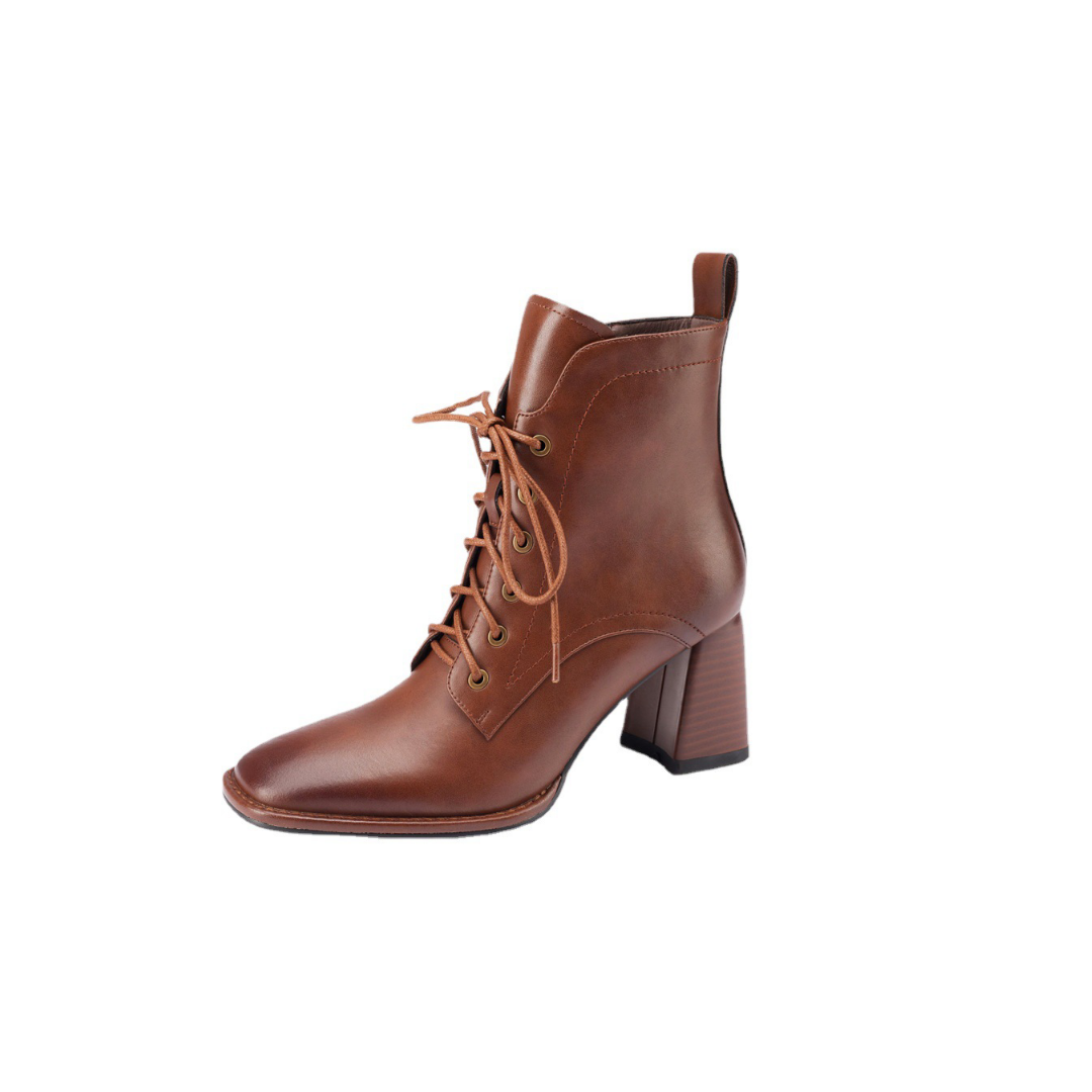 First-Layer Cowhide Block-Heel Lace Boots