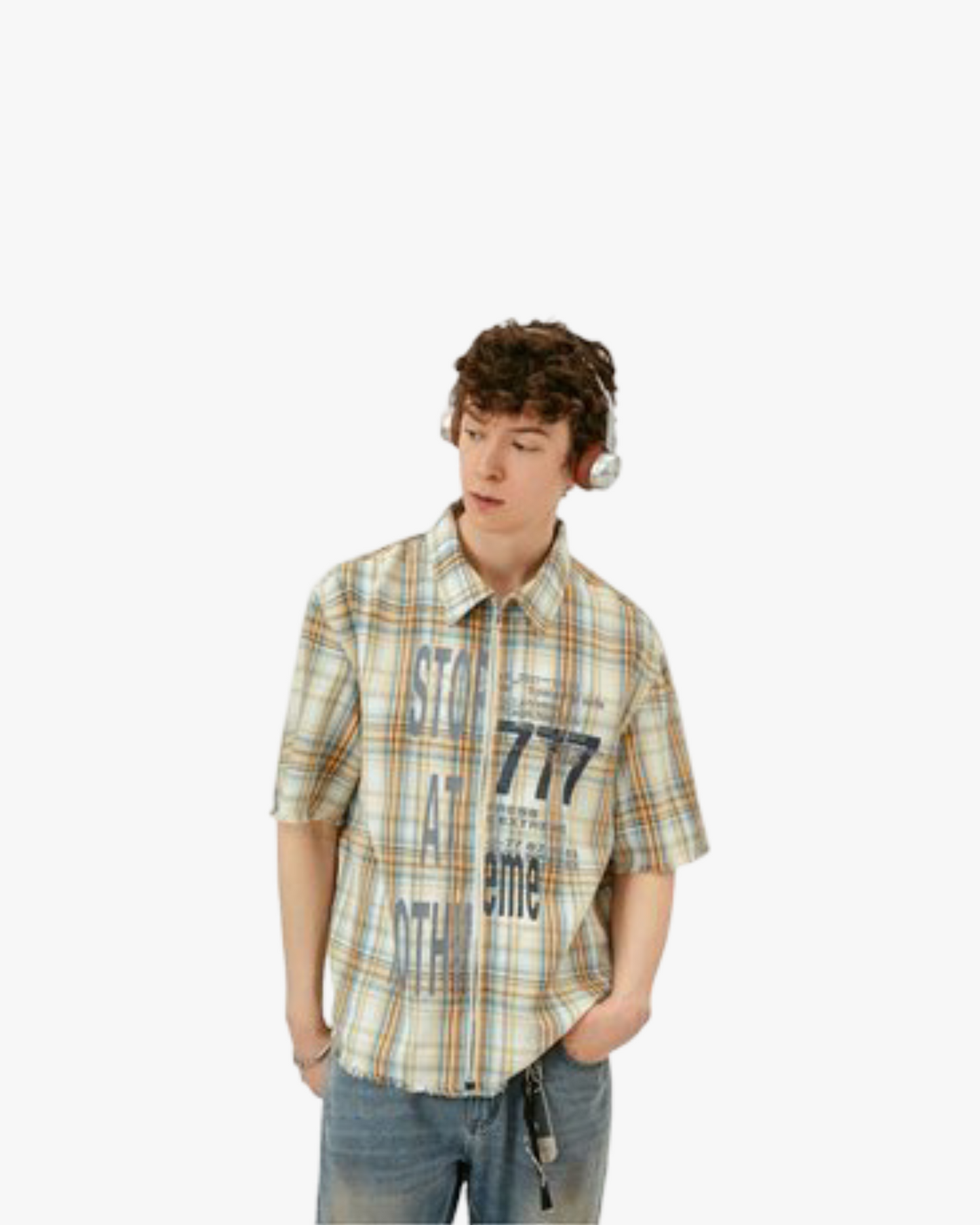 Printed Washed Tassel Short Sleeve Plaid Shirt