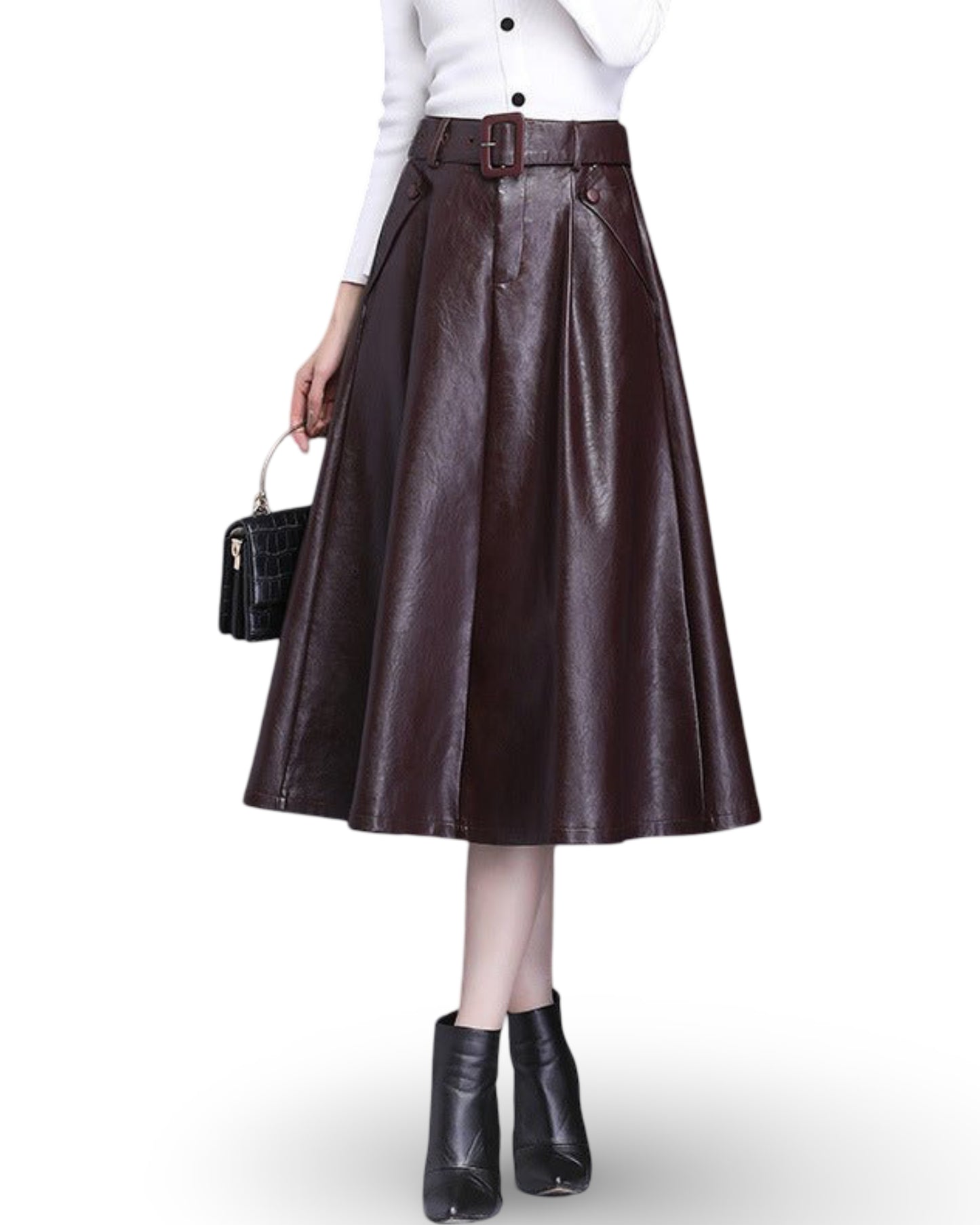Autumn And Winter A Line PU High Waist Pleated Leather Leather Skirt