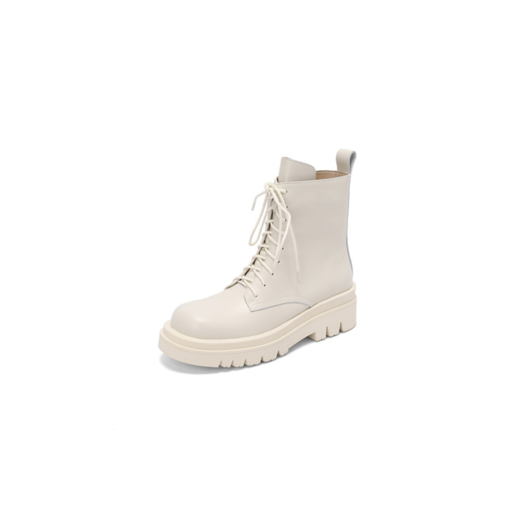 Structured Cowhide Combat Boots with Sheepskin Lining